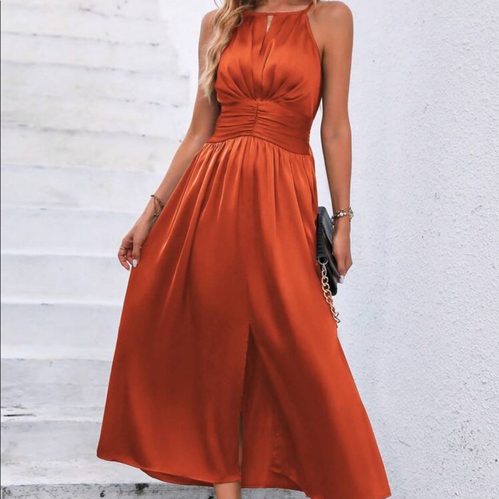 Solid Split Thigh Satin Cami Dress Maxi